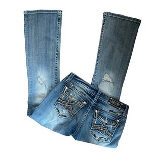 Miss Me Distressed Flap Pocket Bling Light Ripped Boot Cut Jeans Size 28